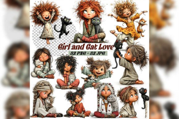 Download Whimsical Girl &amp; Cat Love Clipart Set - Love clipart Collection