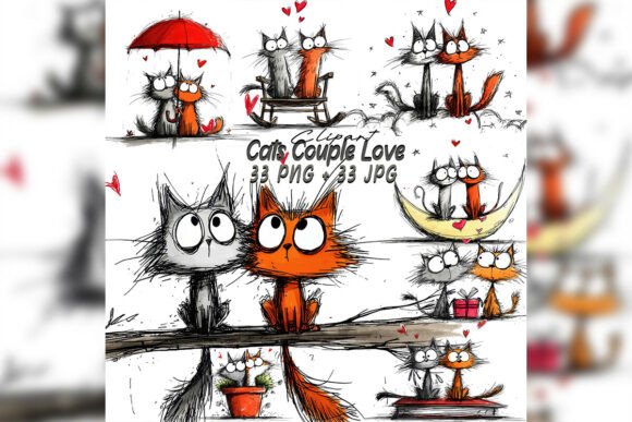 Download Whimsical Cat Couple Love Clipart Set - Love clipart Collection